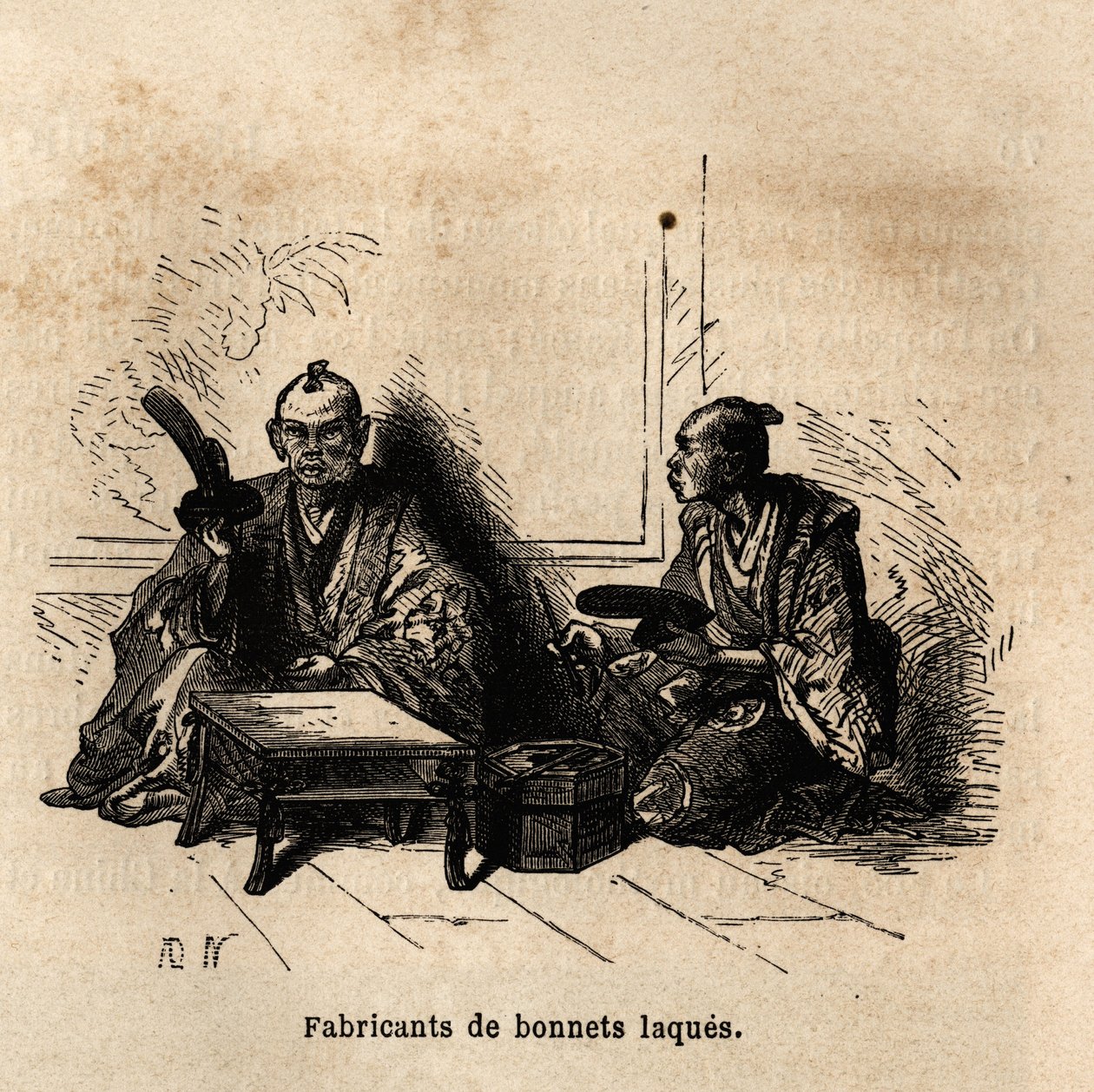 A lakkozott poharak gyártója. Aime Humbert, a Svájci Államszövetség minisztere, a „Le tour du monde, nouveau Journal des voyages” című 1863–1864-es japán utazást illusztráló metszete Edouard Charton irányítása alatt jelent meg. alkotó: Unknown artist
