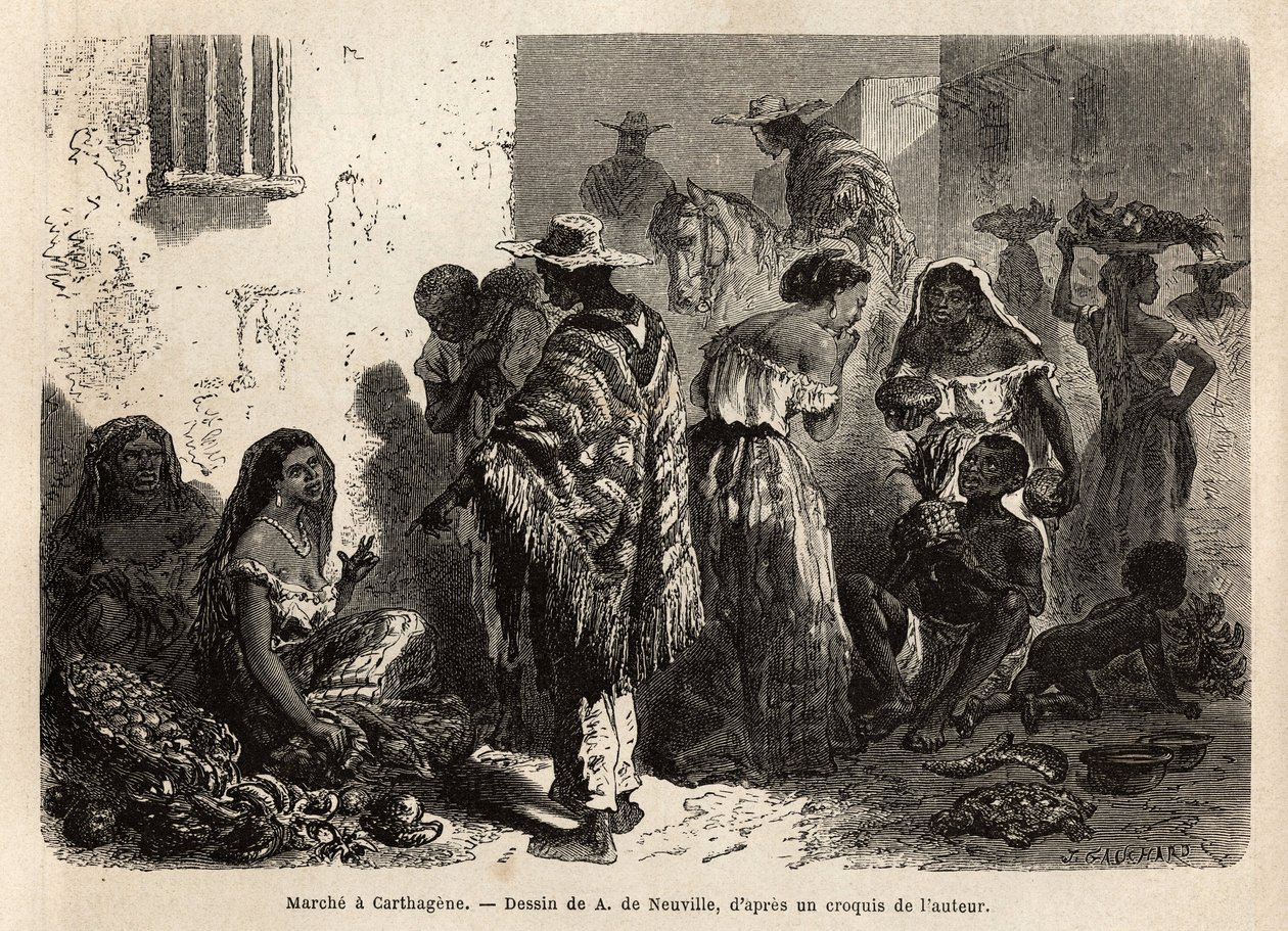 Cartagena (Kolumbia) felvonulása a város külvárosában, főként feketék, metisek és indiánok által látogatottan. Dr. Saffray 1869-es metszete az új-granadai utazás szemléltetésére, megjelent a „Le tour du monde”” 1872-ben, szerkesztette Edouard Charton, alkotó: Unknown artist