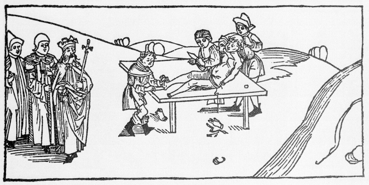 Nagy Szent Jakab vértanúhalála, amelyet Agrippai Heródes, Júdea királya okozott. A Voragine-i Jacobus (James) (1228-1298) metszete a „Leben der Heiligen - sommerteil”-ből (A szent könyve). Lübeck 1488. alkotó: Unknown artist