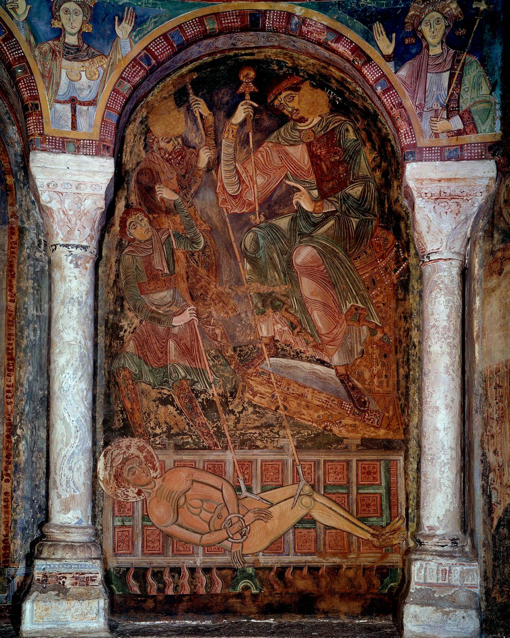 Saint Laurent (210/220-258) mártíromsága a grillen, Berze város freskóján halt meg. 11. század. Moines-kápolna, Berze la Ville alkotó: Unknown artist