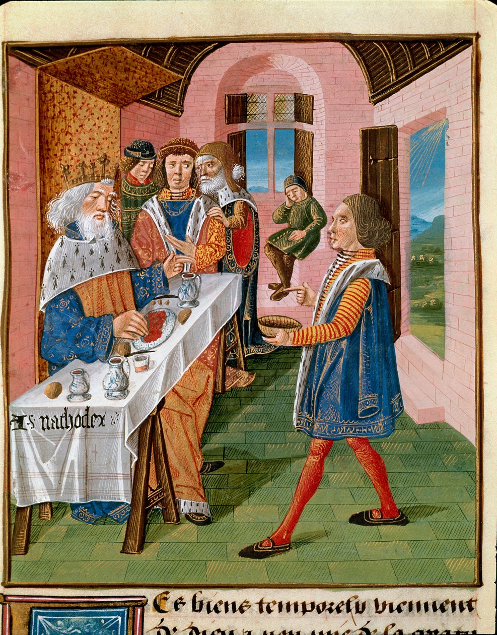 Szicília királyának étele, Arthagogles miniatűr a Jó mórok könyvéből, Nagy Jakabtól (1360-1415/1418), amelyet Berry János hercegnek ajánlott alkotó: Unknown artist
