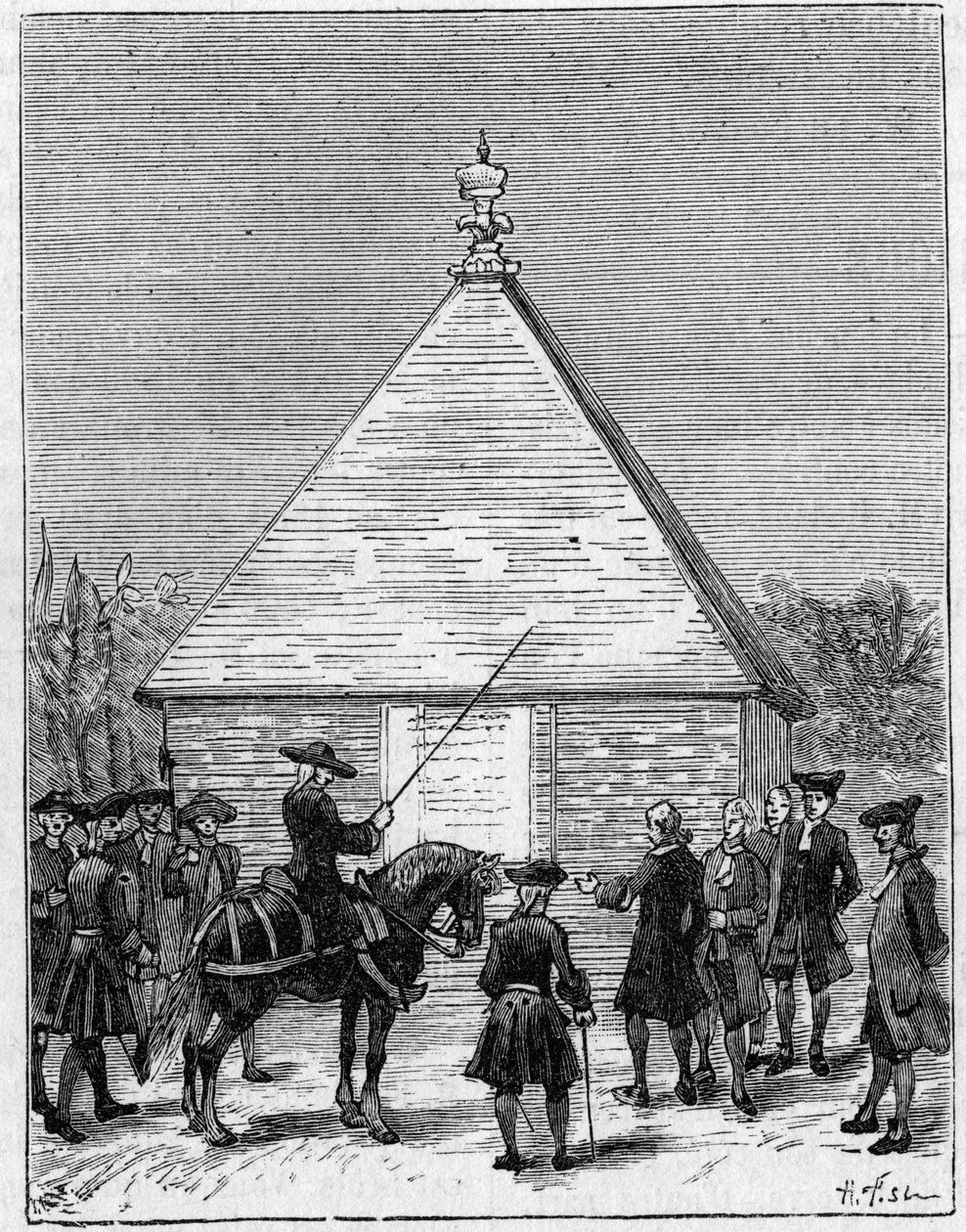 Az ecuadori fok mértéke a 18. században: a perui Carabourou piramisa, amelyet La Condamine emelt 1736-ban. Metszet a „” La Nature-be: revue des sciences et de leurs applications aux arts et a l