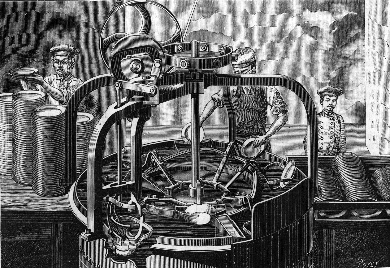 Mr. Marguery vendéglős mechanikus szerelése Párizsban: automata tányérmosó gép. A kezelő jobb kézzel egy piszkos tányért helyez a gépbe, bal kézzel pedig kiveszi a megtisztított tányért. Metszet „La alkotó: Unknown artist