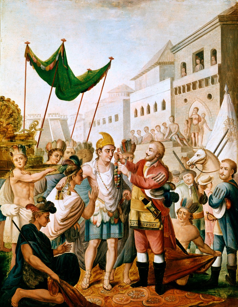 Hernan Cortes vagy Fernand Cortez és Montezuma találkozója 1519 novemberében. alkotó: Unknown artist