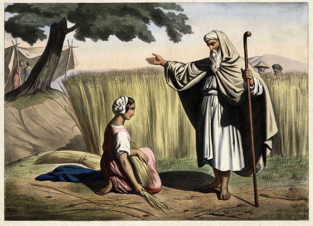 Ruth és Boáz (Booz), Dávid Izrael királyának (Kr. e. 1000-972) nagyszülei találkozása. Névtelen metszet a 19. század közepéről. alkotó: Unknown artist