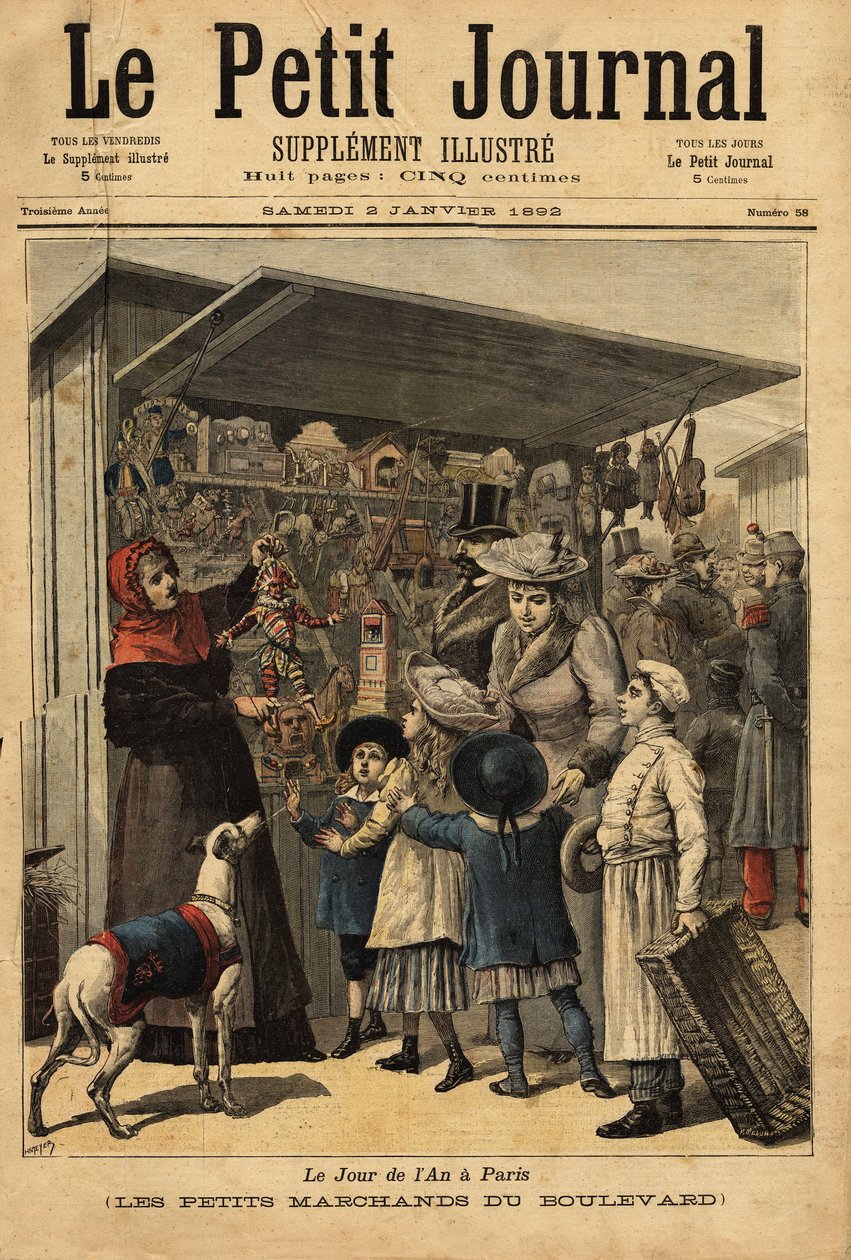 A kereskedők és körúti kiállításaik az év napján Párizsban. Metszet a „” Le petit Journal”-ban 1892.02.01. Selva gyűjteménye. alkotó: Unknown artist