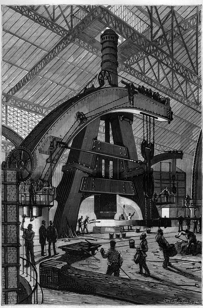 A fémipar: a Forge. A Creusot gőzkalapács (dobos kalapács) a Schneider és a Compagnie gyáraiban telepítve. Metszet a "" La Nature"-be alkotó: Unknown artist