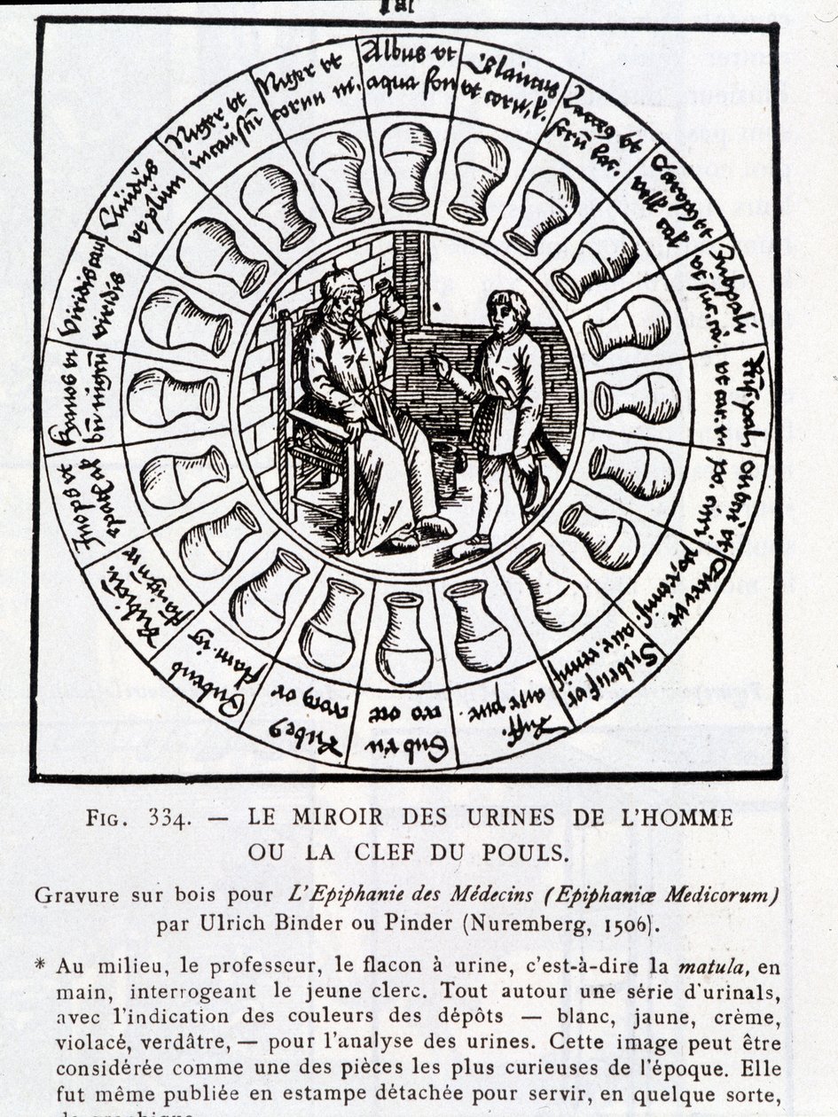 Az ember vizeletének tükre vagy "" A pulzus kulcsa"" - fametszet az "" Az orvosok epifániája" című művében, Pinder (vagy Binder), Nürnberg alkotó: Unknown artist