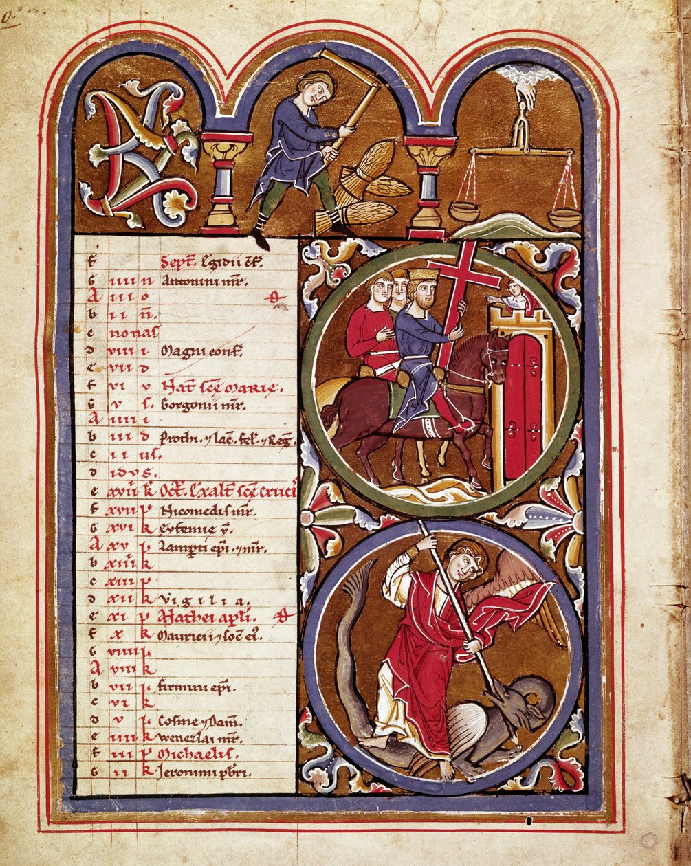 Szeptember hónap, mezőgazdasági munkák (aratások, búzacséplés virággal), a kereszt felmagasztalásának ünnepe, Szent György sárkány legyőzése Kéziratlap „” Szent Erzsébet zsoltárából””” XIII. Cividale, Mus alkotó: Unknown artist
