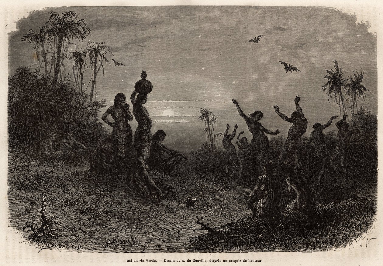 A holdfény bál, amely egy Rio Verde-i (Brazília) indiai fiatalember 18 éves jubileumi ceremóniáját és esküvőjét zárja. Dr. Saffray 1869-es metszete az új-granadai utazás szemléltetésére, megjelent a "" Le tour du monde"" 1873-ban, szerkesztette: alkotó: Unknown artist