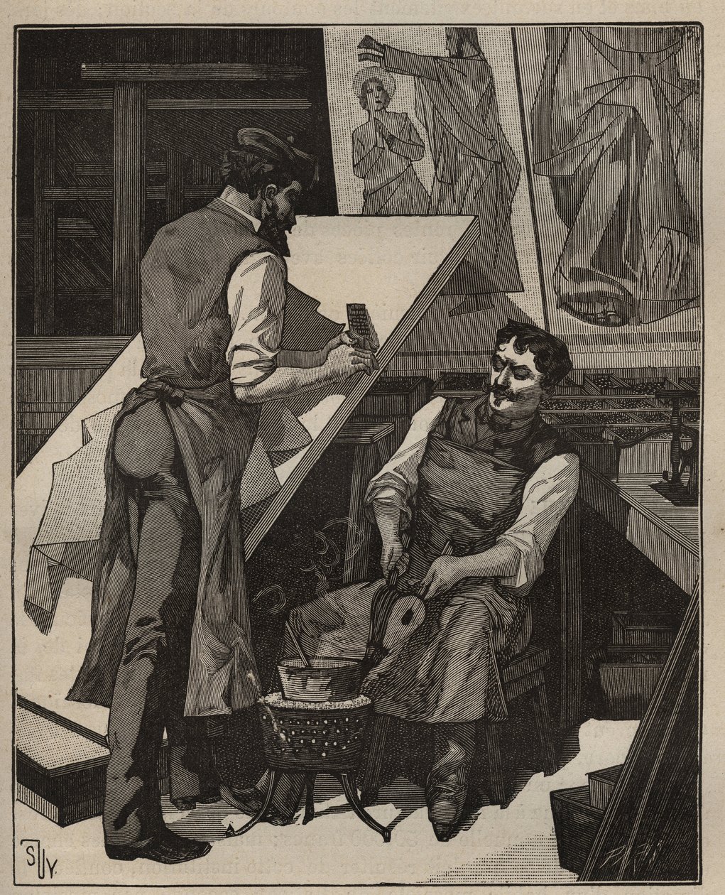 A mozaik: mozaikműhely. Metszet 1885-ből Adolphe BITARD „Les arts et metiers illustres” című könyvében. alkotó: Unknown artist