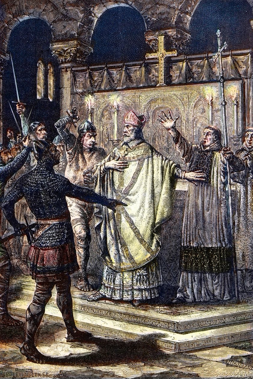 Becket Szent Tamás meggyilkolása a canterburyi katedrálisban, 1170. december 29-én, II. Henrik király udvarának lovagjai által (fametszet alkotó: Unknown artist