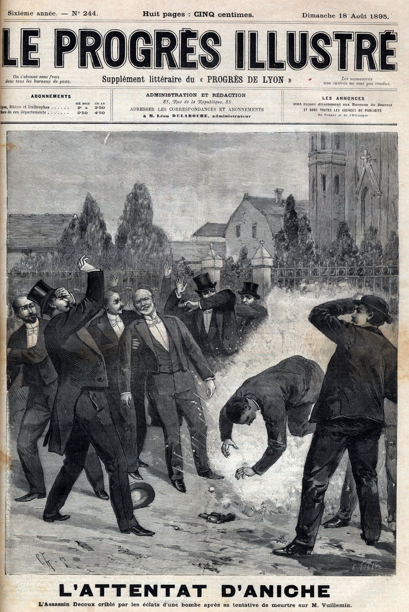 A gyilkos, Clement Decoux az 1895. augusztus 4-i, a széntermelés élén fennállásának ötvenedik évfordulóját ünneplő Emile Vuillemin (1822-?) elleni támadási kísérlet áldozata lett. illusztrálja alkotó: Unknown artist