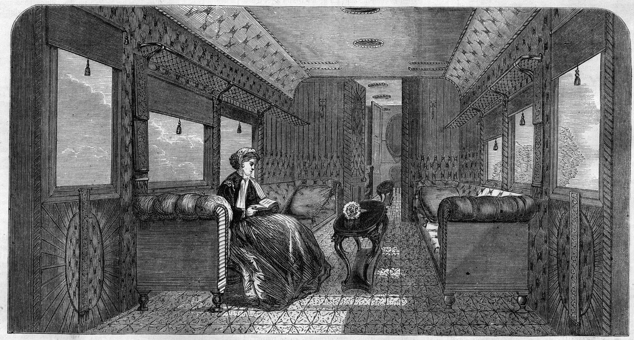 Őfelsége walesi hercegnő új autója vonatútjához. Metszet a „The Illustrous Universe”-be alkotó: Unknown artist