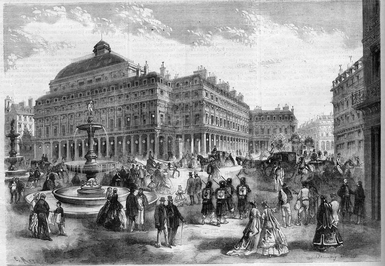 A francia színház (Comedie Francaise) új helye a szökőkutakkal a párizsi Palais Royalban (Palais Royal). Metszet a „” L