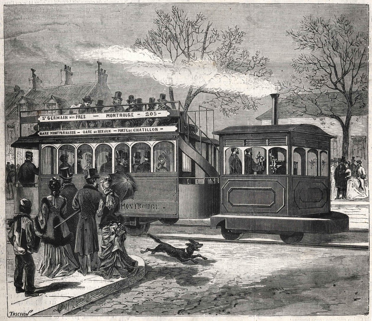 Az új párizsi gőzvillamosok 1876-ban a Saint - Germain - des - Prés vonalon közlekedtek a Chatillon ajtajában, Bianchetti gyűjtemény metszetével. alkotó: Unknown artist