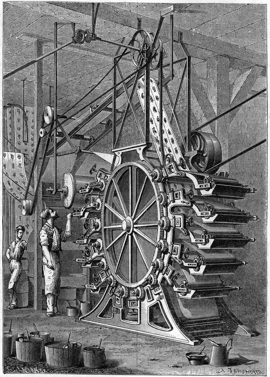 Az új tapétanyomó gép.. Gravírozás az illusztris „La jeunesse” folyóiratban alkotó: Unknown artist