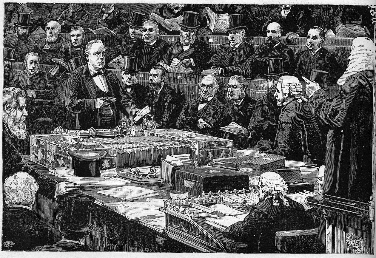 Charles Bradlaugh (1833-1891) angol képviselő 1882. február 21-i esküje az alsóháznak, az ateizmusért harcoló, nem volt hajlandó letenni a hagyományos vallási esküt, amely ahhoz szükséges, hogy elfoglalja parlamenti helyét. Ő itt egy Bibliát képvisel h alkotó: Unknown artist