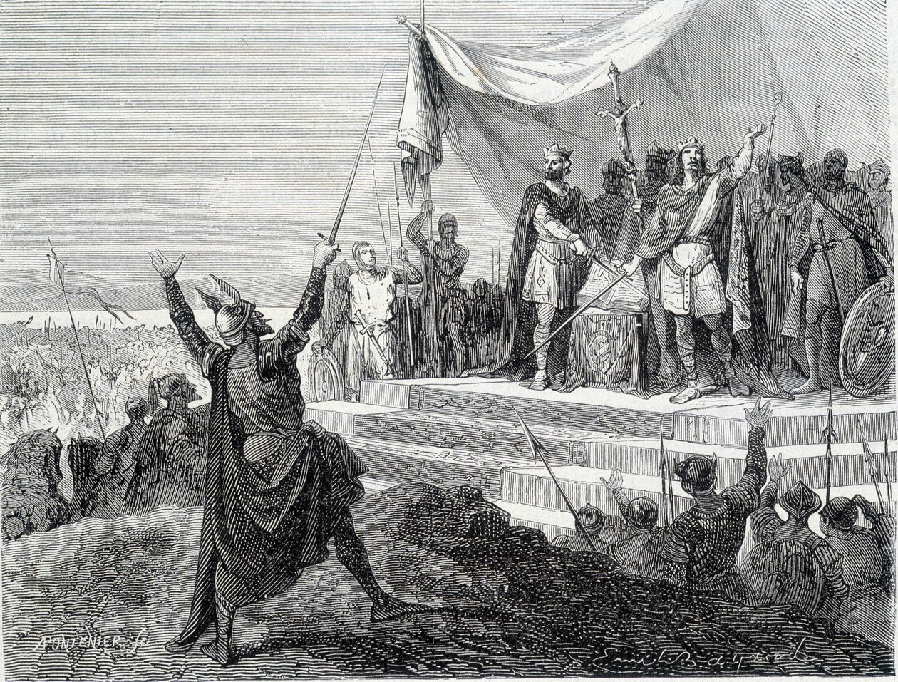 A két testvér esküje páncéljuk előtt: II. Kopasz Károly és II. Germán Lajos esküt tesz I. Lothaire ellen (Strasbourg-i eskü 842). századi metszet. alkotó: Unknown artist