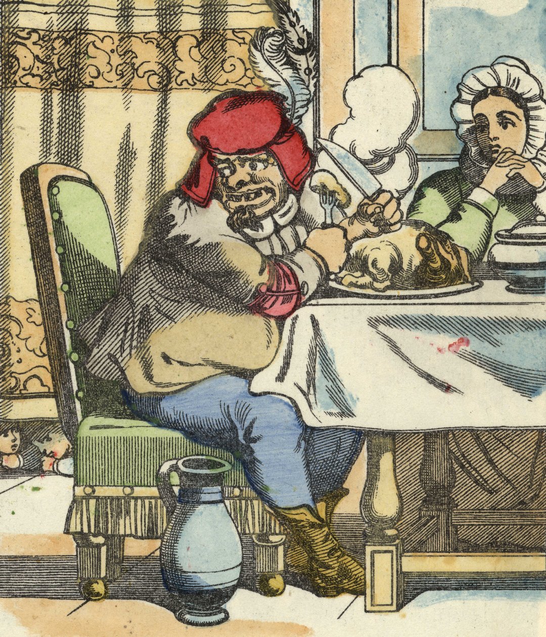 Az ogre az asztalnál érzi a kis Poucet és testvérei jelenlétét. Illusztráció Charles Perrault „Le Pepetit Poucet” című meséjéhez alkotó: Unknown artist