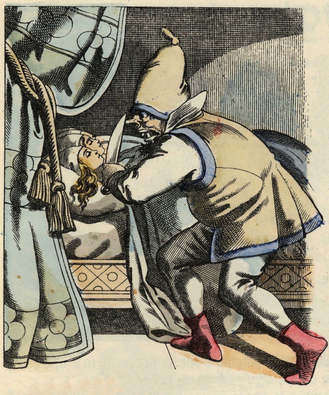 Az ogre fejét vágja hét lányának, akik azon gondolkoznak, hogy megöli a Kis Poulet-t és testvéreit. Illusztráció Charles Perrault „Le Petite Poucet” című meséjéhez alkotó: Unknown artist