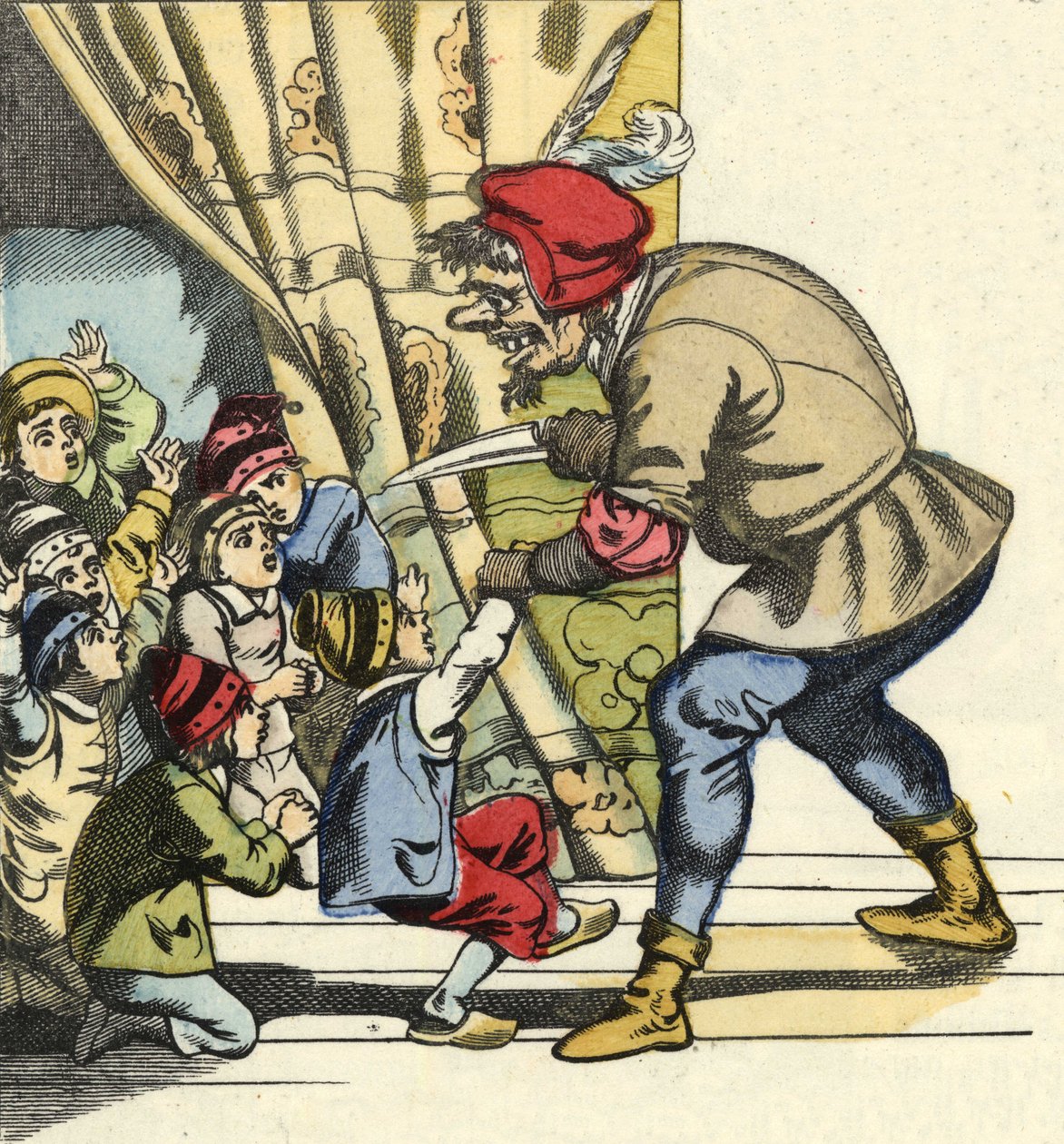 Az ogre elvesz egy gyereket azzal a szándékkal, hogy felfalja. Illusztráció Charles Perrault „Le Pepetit Poucet” című meséjéhez alkotó: Unknown artist