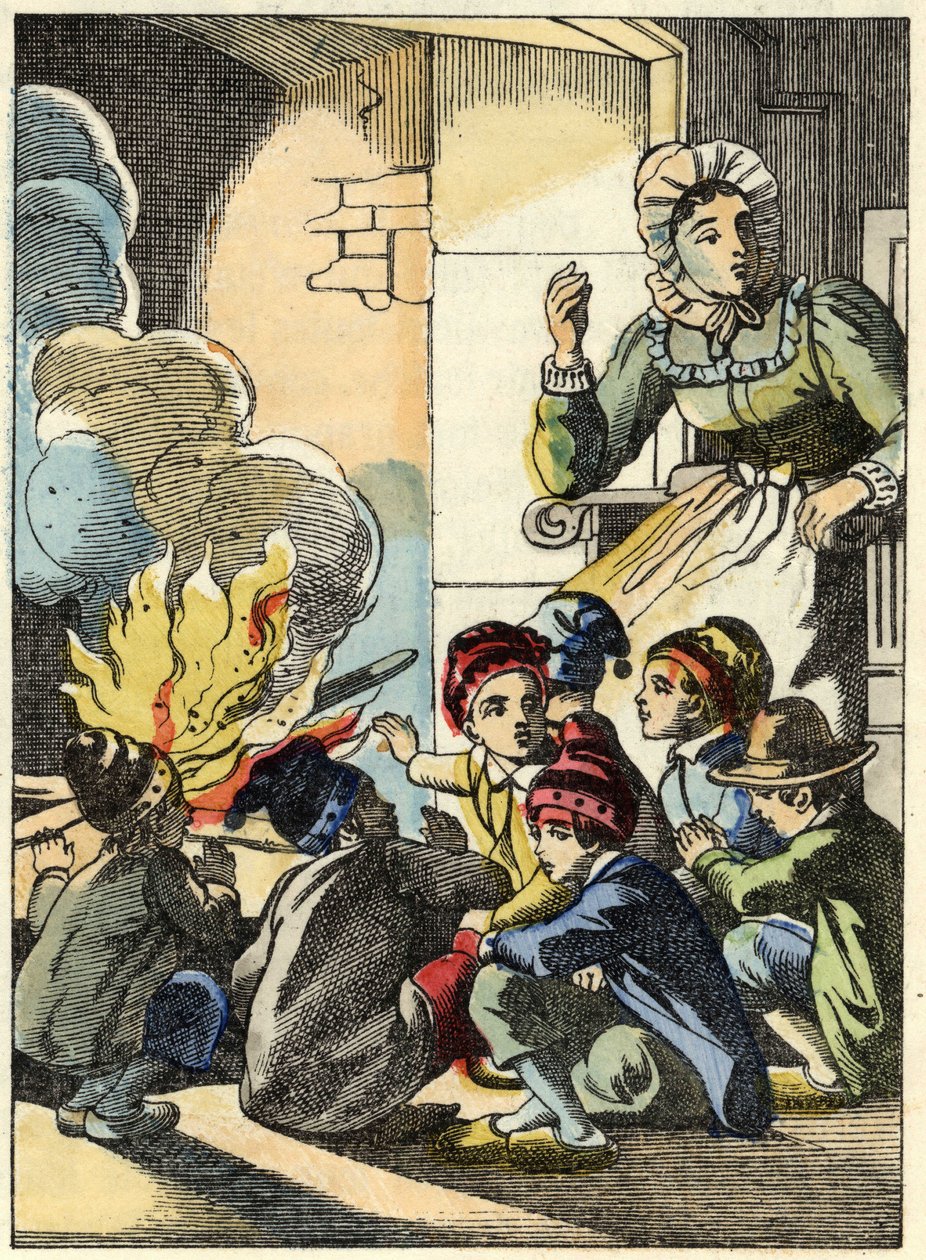 Az ogre felesége tűzzel fűti a Kis Poucet és testvéreit. Illusztráció Charles Perrault „Le Pepetit Poucet” című meséjéhez alkotó: Unknown artist