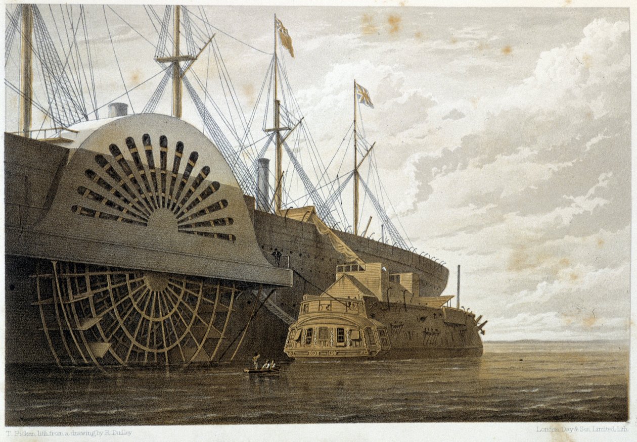 A régi fregatt kábelszállítmányaival a „"GreatEastern" mellett Sheernessben - W. H. Russel "" The Atlantic távírójában" - kb. 1860 alkotó: Unknown artist