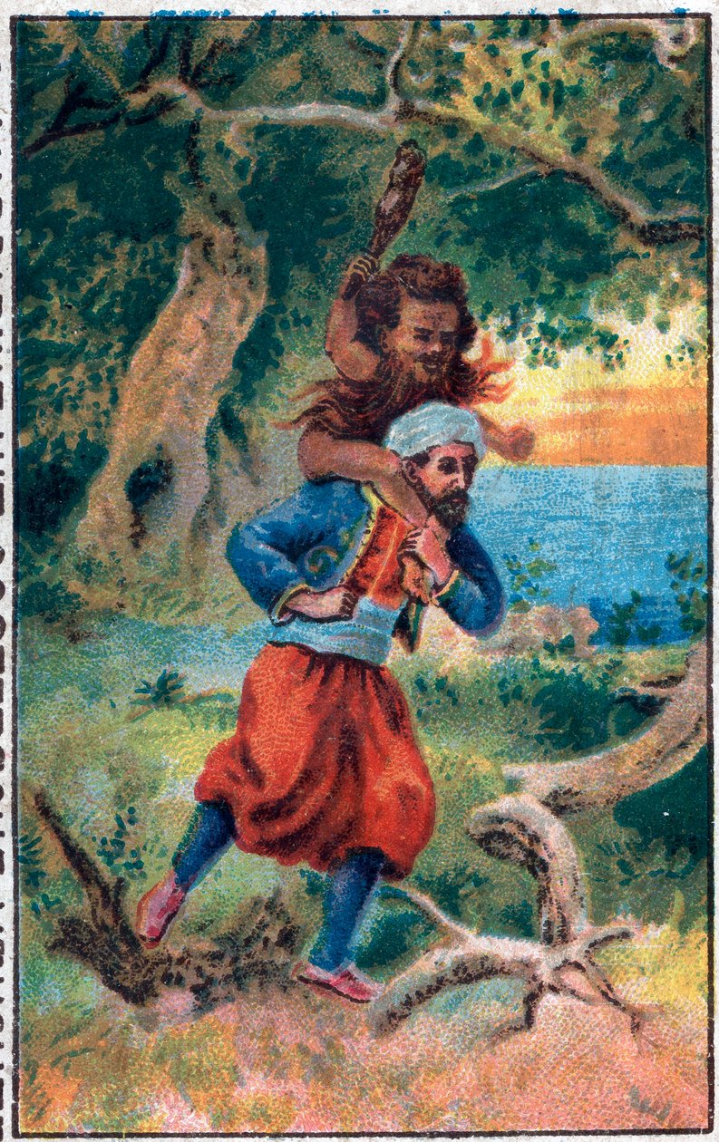 A tenger öregje. Szindbád (Szindbád) tengerész csodálatos kalandjai. Népszerű mese 1001 éjszakáról (ezeregy éjszaka). A 19. század végének kromolitográfiája. alkotó: Unknown artist