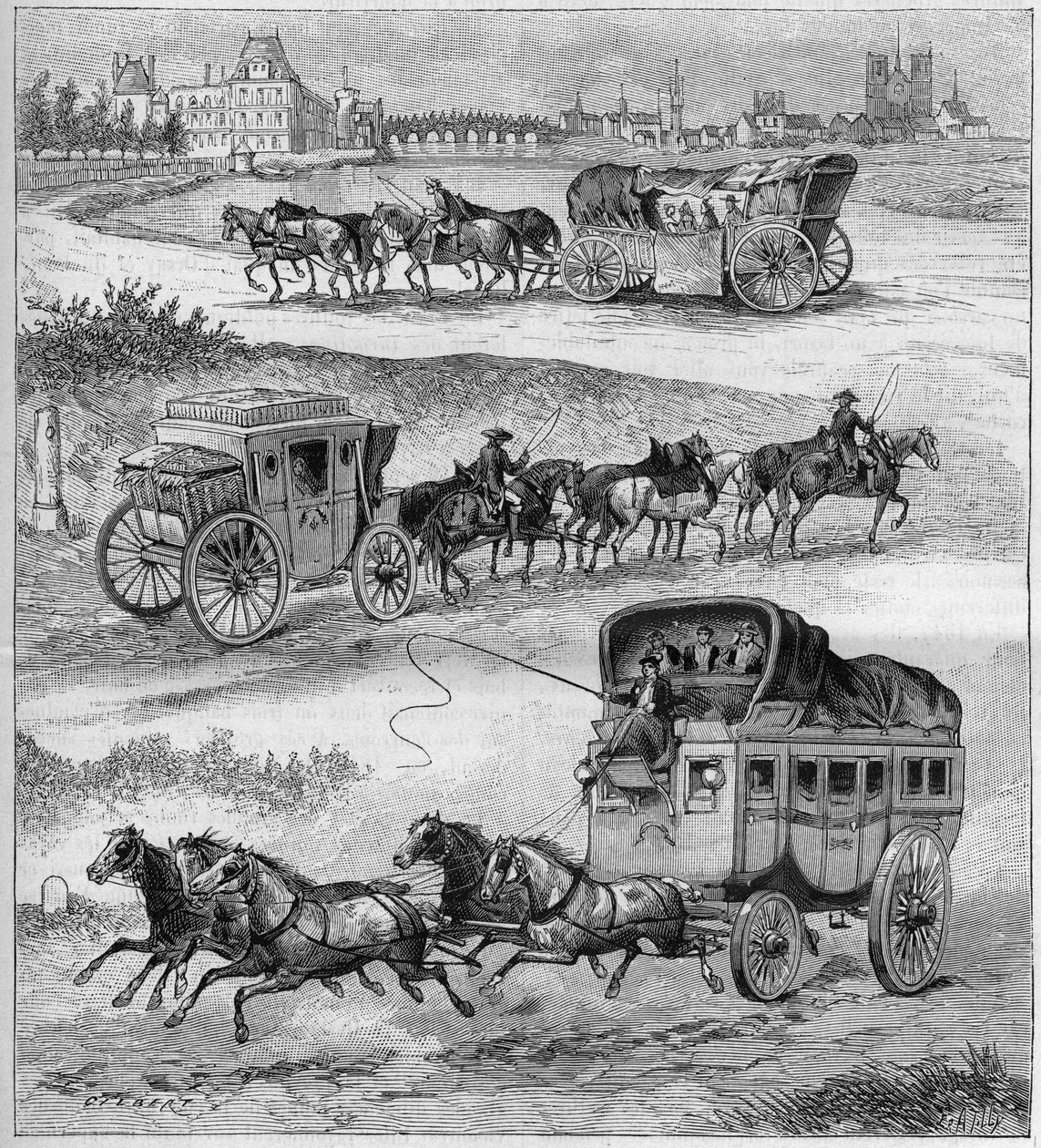 A régi utazókocsi, a 17. századi utazókocsi, a 18. századi utazókocsi és a vasút előtti szorgalom. Metszet „” La nature””-ba 1888-ból. alkotó: Unknown artist