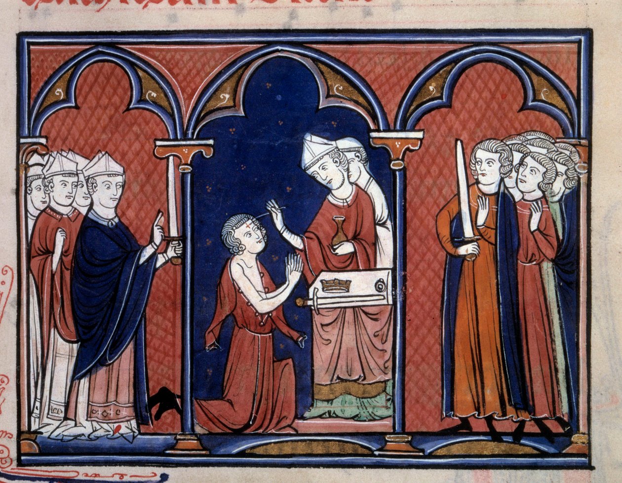 A szent ordója a király felkenésének rituáléjának ábrázolása (valószínűleg IX. Lajos (Szent Lajos) (1214-1270)). A miniatúra a „Franciaországi Királyok Felszentelési és Koronázási Rendje” 1250-ben készült Párizs környékén, B.N. alkotó: Unknown artist