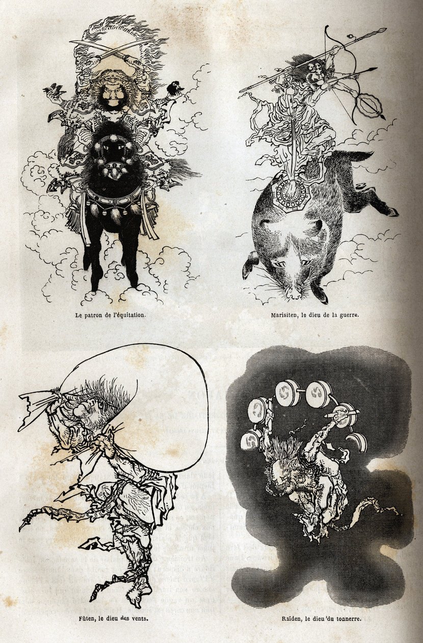 A japán isteniták panteonja: néhány tipikus alak hagyományos ábrázolása: a lovaglás patrónusa; Marisiten, a háború istene; Futen, a szelek istene; Raiden, a mennydörgés istene. Metszet az 1863-1864-es japán utazás szemléltetésére alkotó: Unknown artist