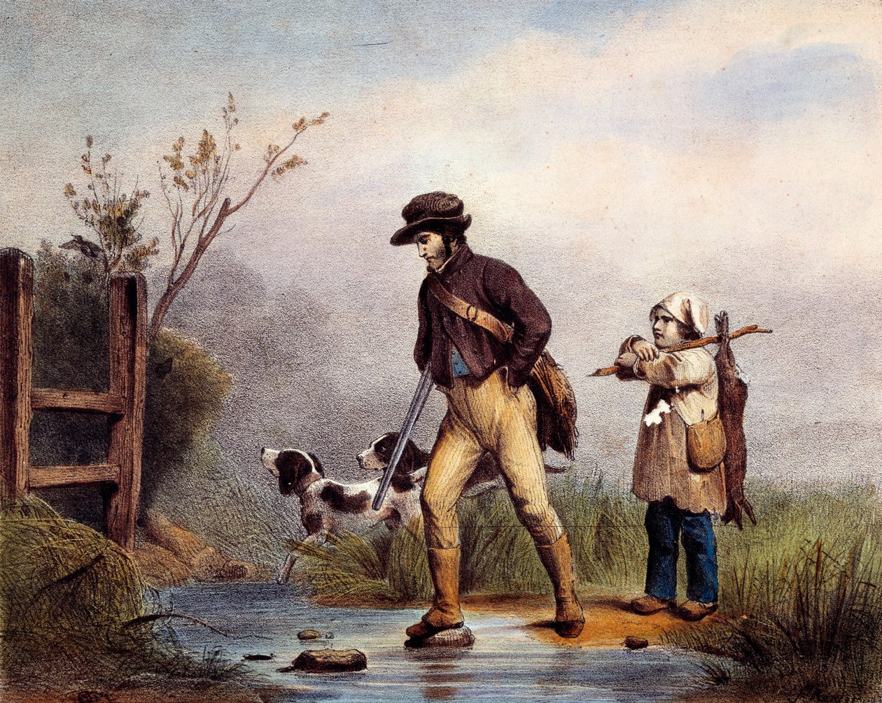 Az átjáróban a vadászok gyalog kelnek át egy vízfolyáson. századi Gien litográfiája, vadászati múzeum alkotó: Unknown artist