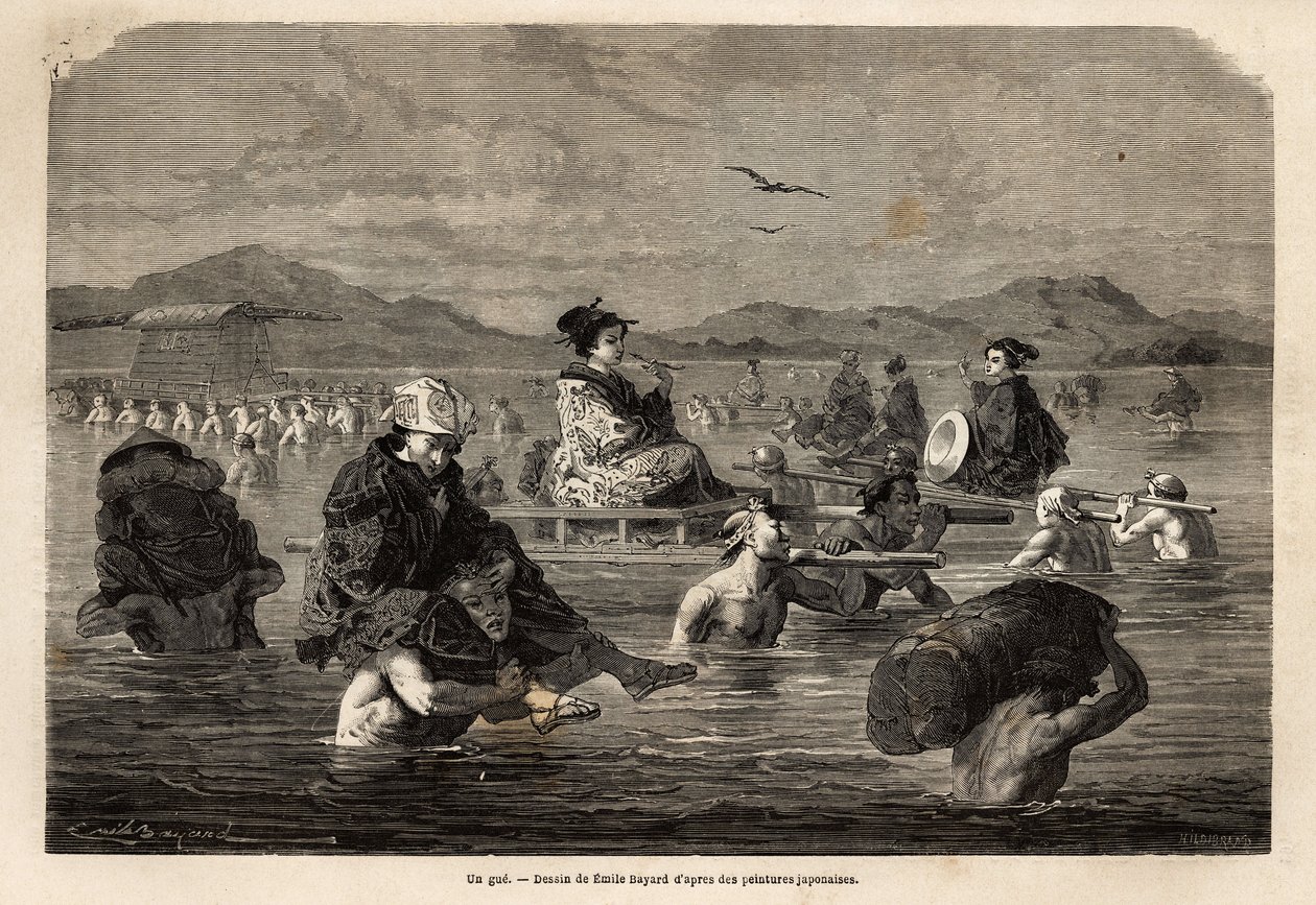 Egy gue átadása az utas- és poggyászszállítási módok bemutatásával. Aime Humbert, a Svájci Államszövetség miniszterének 1863–1864-es japán utazását illusztráló metszet a „Le tour du monde, nouveau Journal des voyages” című folyóiratban. alkotó: Unknown artist