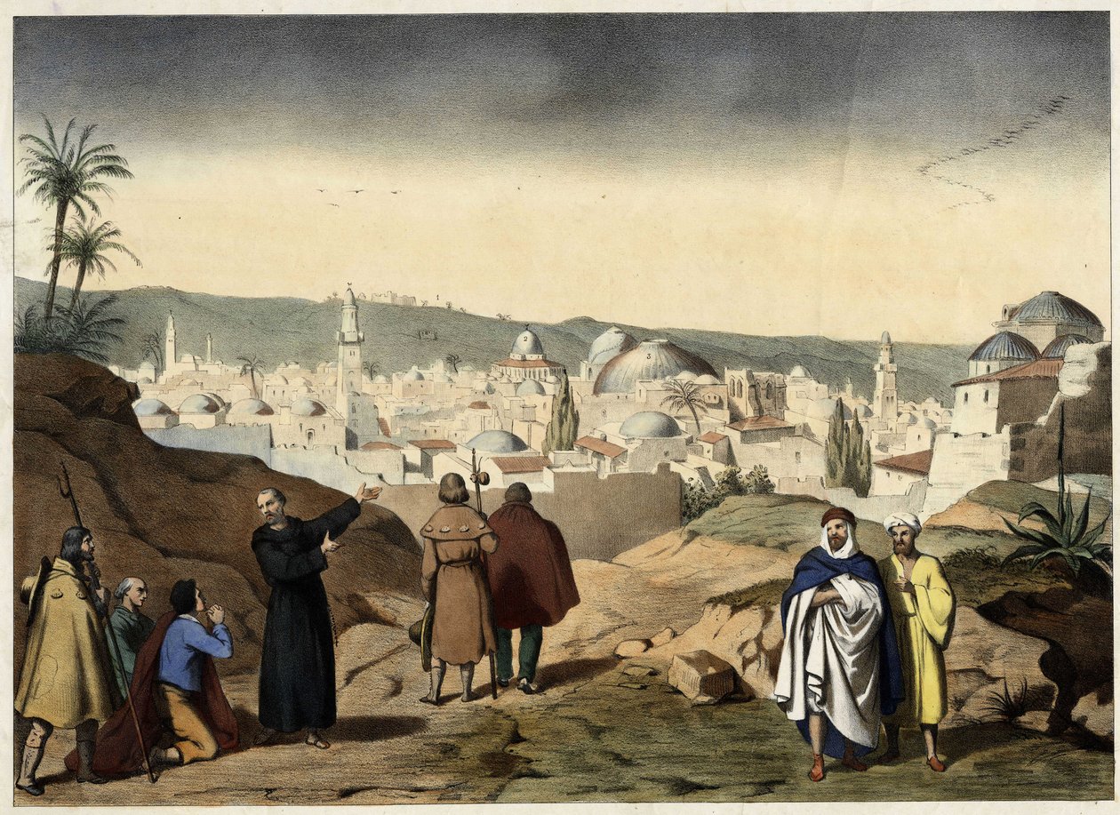 A pelerinek megérkeznek Jeruzsálem városába. Névtelen metszet a 19. század közepéről - a „Családok Nagy Katekizmusában””. alkotó: Unknown artist