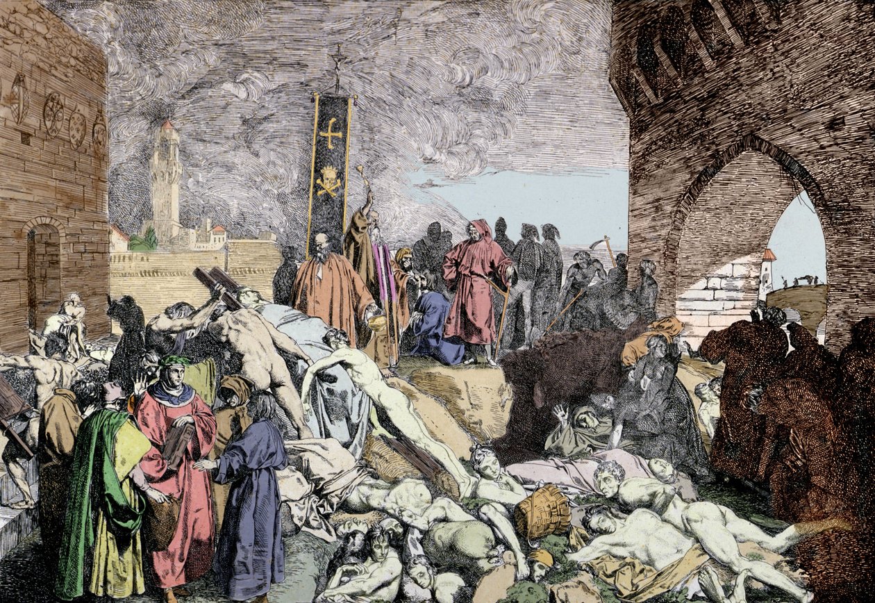 Az 1348-as pestis Firenzében (Olaszország). A bal alsó sarokban Laurier, Petrarch, a reneszánsz olasz költője és humanistája koszorújával beszélget másokkal. alkotó: Unknown artist