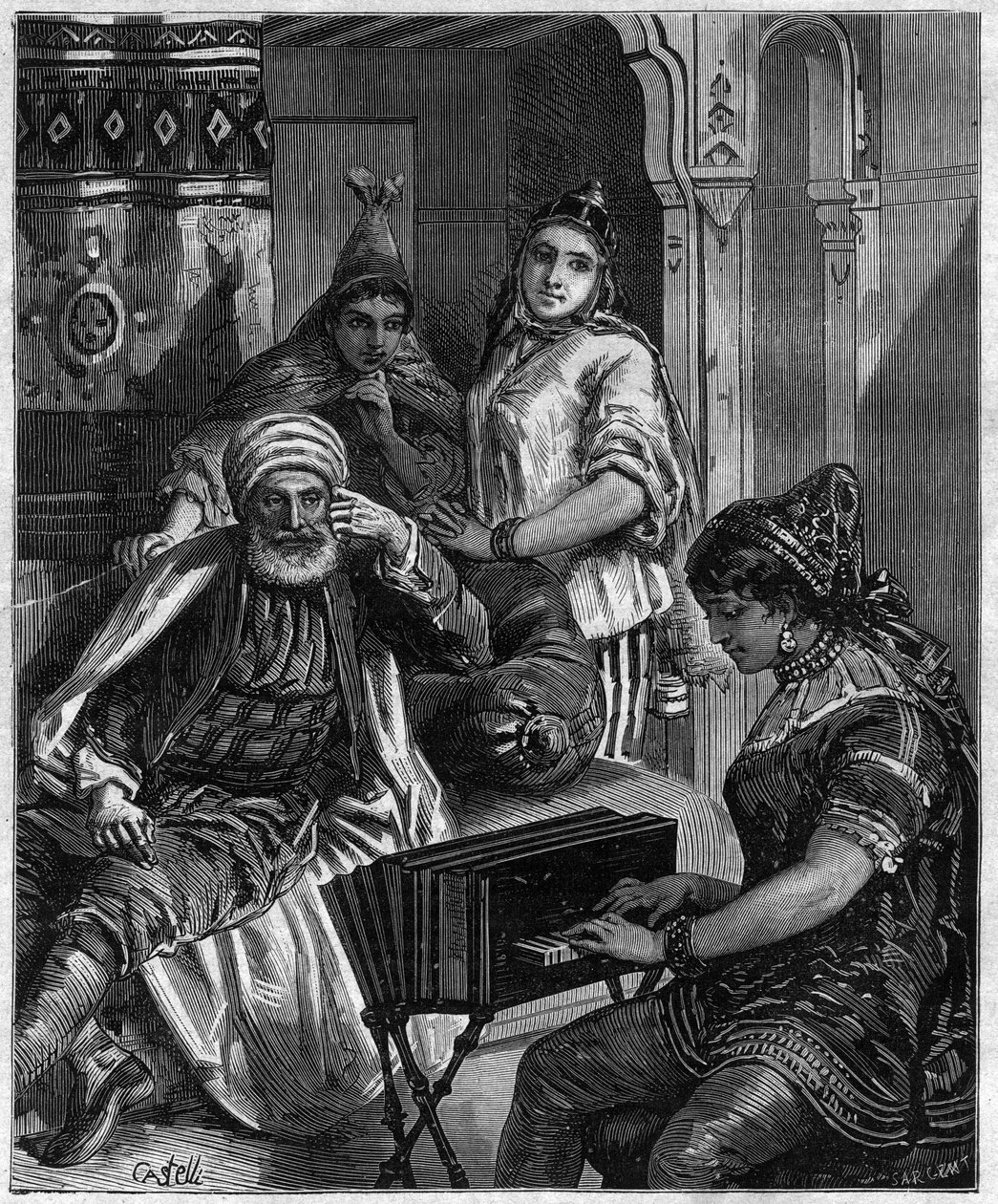 Tunézia lakossága a 19. században - szombat este egy zsidó családban Tuniszban - Castelli metszet a Journal des voyages-ben” 1884 alkotó: Unknown artist