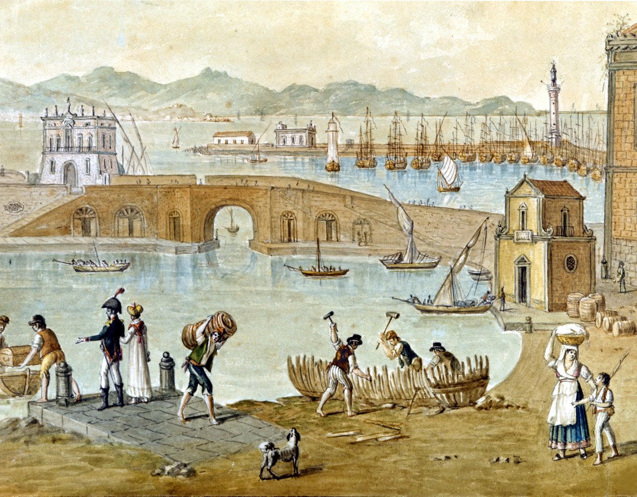 Nápoly kikötője és Santa Lucia 1800 körül: az utazók indulni készülnek, az asztalosok pedig hajót építenek. Vízfestmény. alkotó: Unknown artist