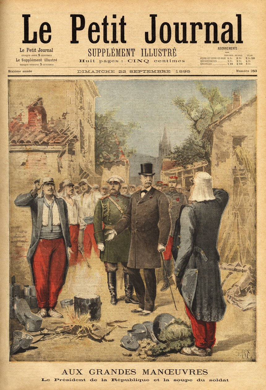 Felix Faure (1841-1899) köztársasági elnök a nagy manőverek és hagyományőrzés alkalmával ellátogat a langresi csapatokhoz, megkóstolja a katonalevest. Metszet a „” Le petit journal”-ban 1895.09.22. Selva gyűjteménye. alkotó: Unknown artist