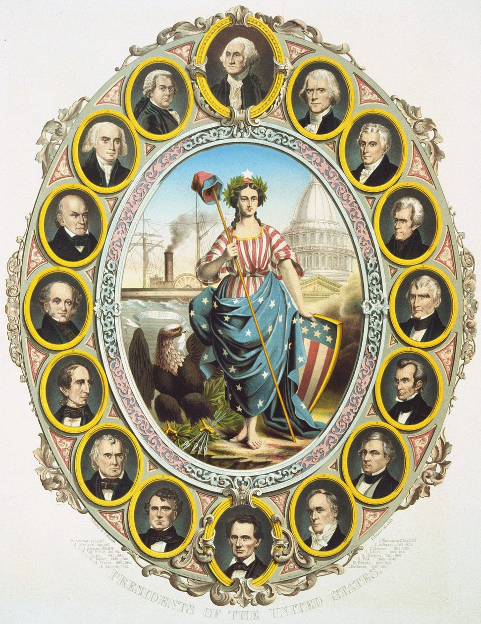 Az Egyesült Államok elnökei Amerika szimbólumával a közepén. Fel, Washington és le Abraham Lincoln. A plakát Lincoln elnökségének 1861-es beiktatásán jelent meg. Metszet 1861. alkotó: Unknown artist