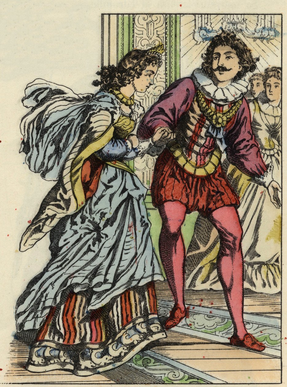 A herceg meghívja Hamupipőkét táncolni. Illusztráció Charles Perrault „Hamupipőke vagy La petite slipper de verre” című meséjéről alkotó: Unknown artist