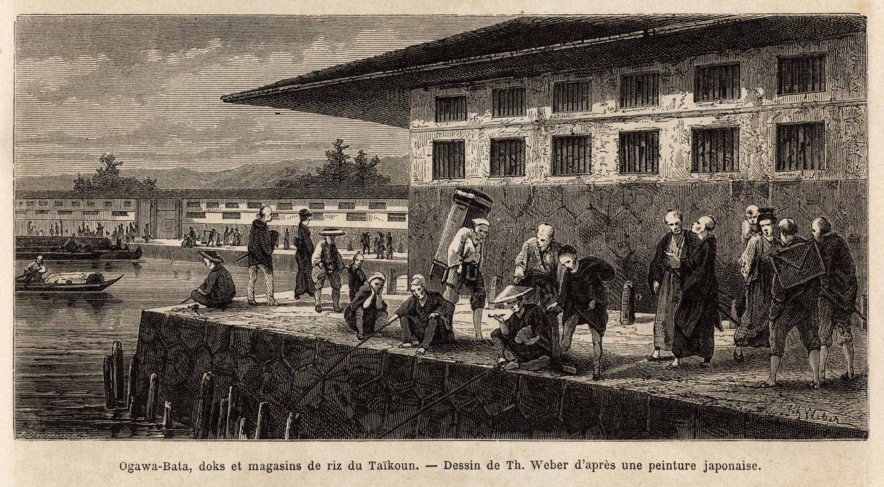 A rakpart és a rizsüzletek raktárai Taikounban (Japán időbeli szuverénje), az Ogawa folyón (amely átszeli Edót, a mai Tokiót). Aime Humbert, a Svájci Államszövetség minisztere 1863-1864-es metszete a japán utazás szemléltetésére, publik. alkotó: Unknown artist