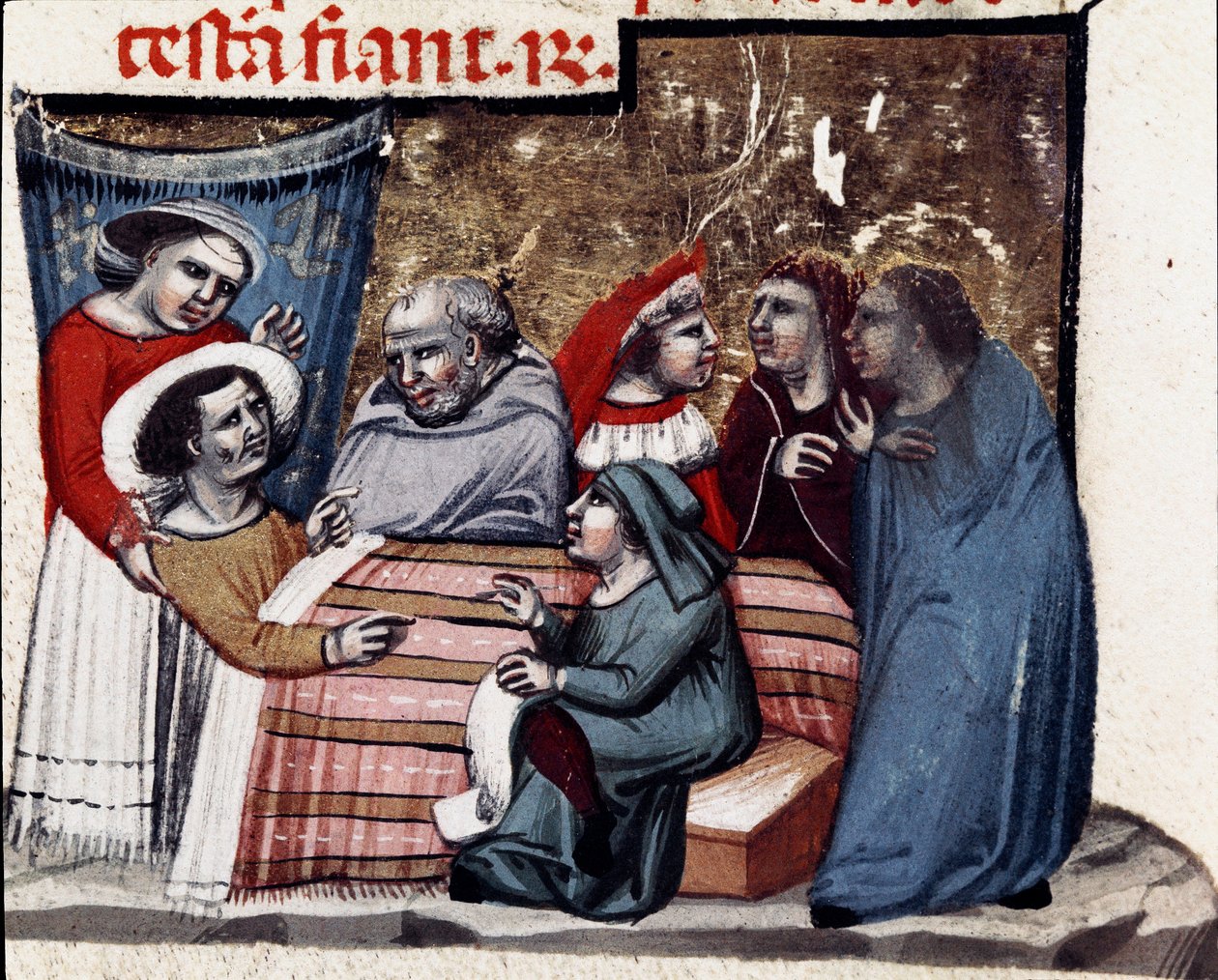 A végrendelet megismétlése a beteg ágyánál Miniatűr a Justinianus-kódexből (Codex Justinianus), I. Justinianus bizánci római császár (483-565) alatt kiadott törvények és intézmények gyűjteménye. alkotó: Unknown artist