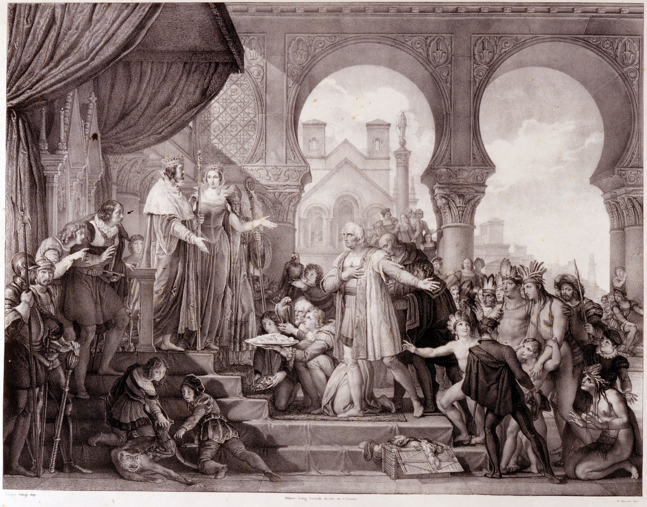 Kolumbusz Kristóf visszatérése Spanyolországba II. Ferdinánd aragóniai király és I. Izabella kasztíliai (katolikusnak nevezett) előtt Amerika felfedezése után. századi metszet. alkotó: Unknown artist