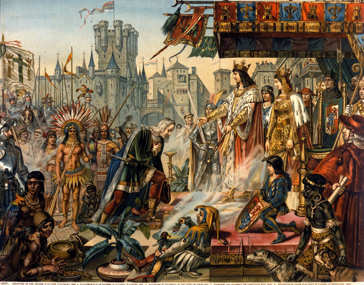 Kolumbusz Kristóf visszatérése Spanyolországba II. Ferdinánd aragóniai király és I. Izabella kasztíliai (katolikusnak nevezett) előtt Amerika felfedezése után. századi metszet. alkotó: Unknown artist