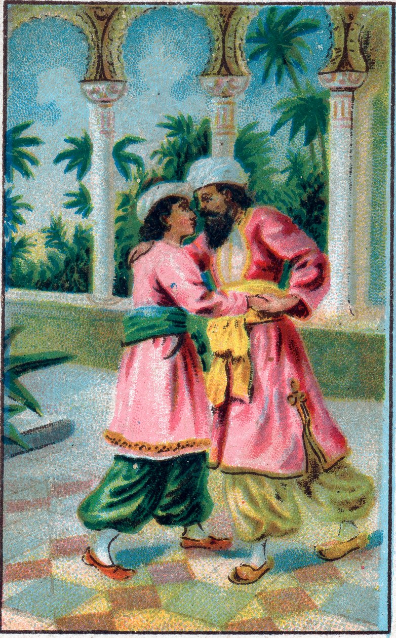 A herceg visszatérése. Mese „” Az elvarázsolt ló története””” az „Az ezeregy éjszaka””-ban (az 1001 éjszaka vagy Le mille e una notte, Arab éjszakák). A 19. század végének kromolitográfiája. alkotó: Unknown artist