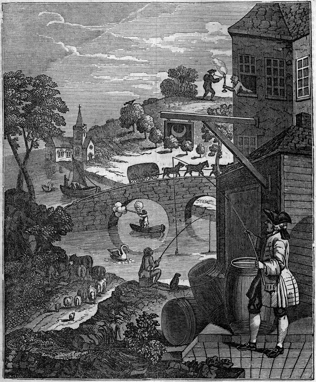 A nevetséges perspektíva William Hogarth (1697-1764) szatirikus illusztrációja, amely a festők perspektívájának művészetét gúnyolja ki azzal, hogy a tárgyak és személyek síkszintjeit a valóságban a távolságok miatt lehetetlenné teszi. alkotó: Unknown artist