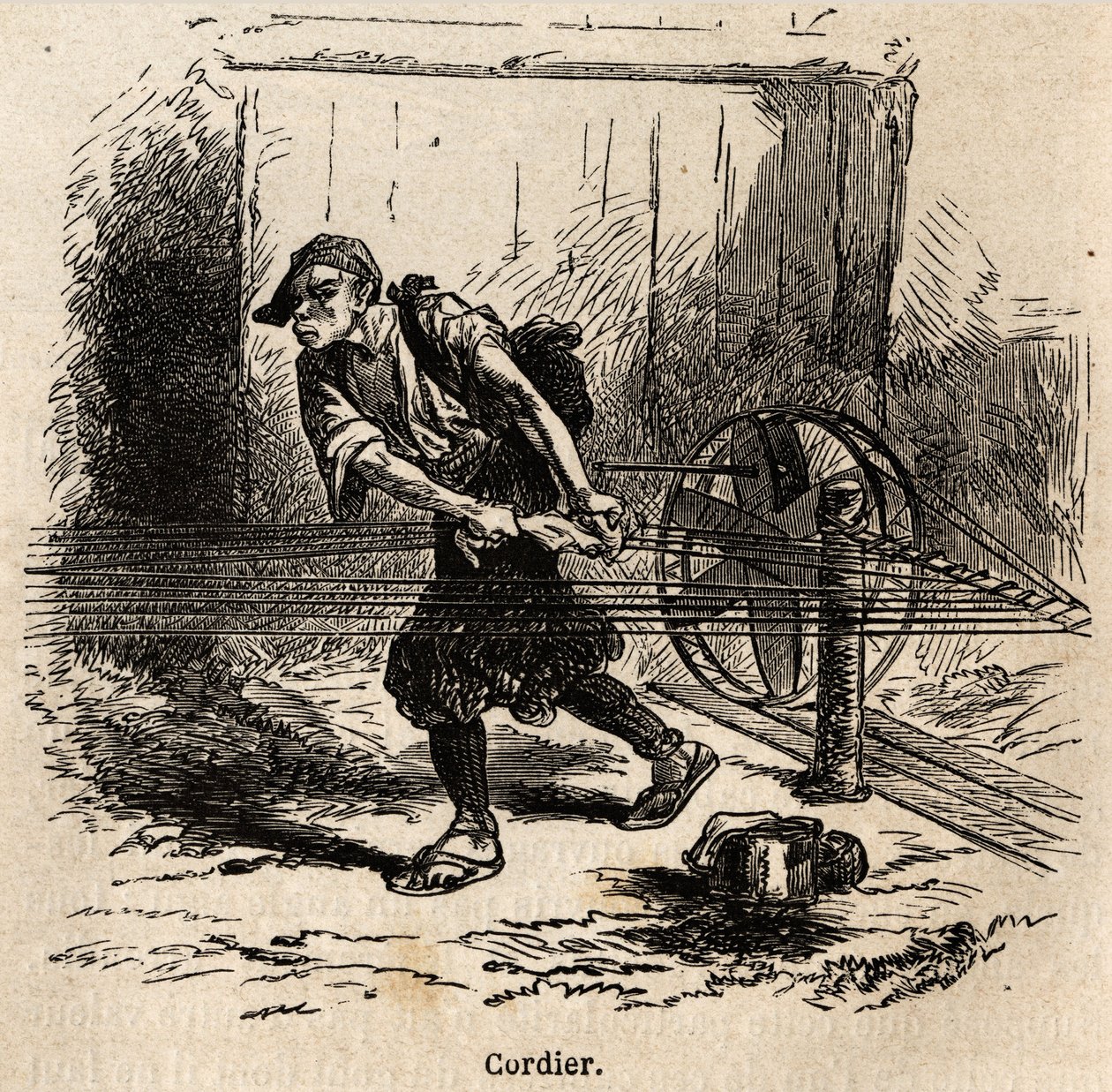 A kötélkészítő. Aime Humbert, a Svájci Államszövetség minisztere, a „Le tour du monde, nouveau Journal des voyages” című 1863–1864-es japán utazást illusztráló metszete Edouard Charton irányítása alatt jelent meg. alkotó: Unknown artist