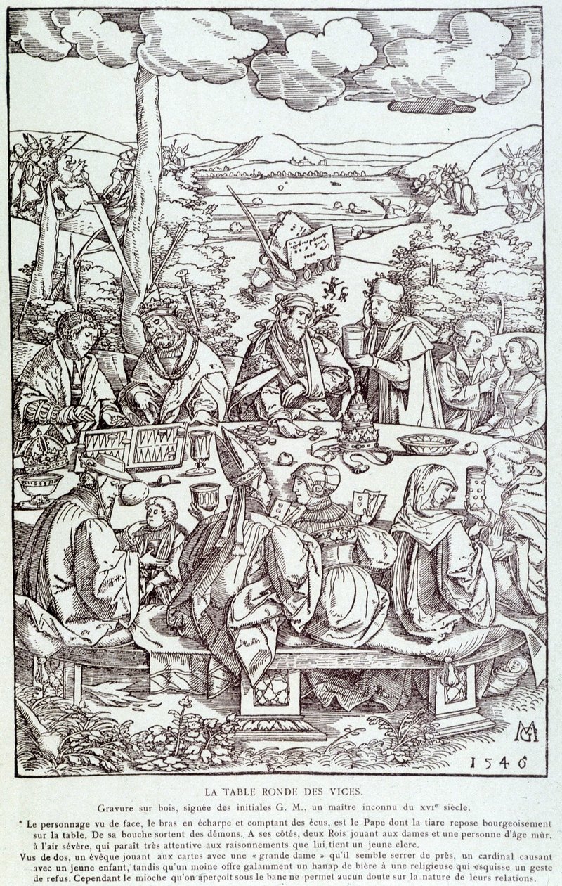 A bűnök kerek asztala: játék, kapzsiság, kéj, büszkeség... - Metszet 1546 alkotó: Unknown artist