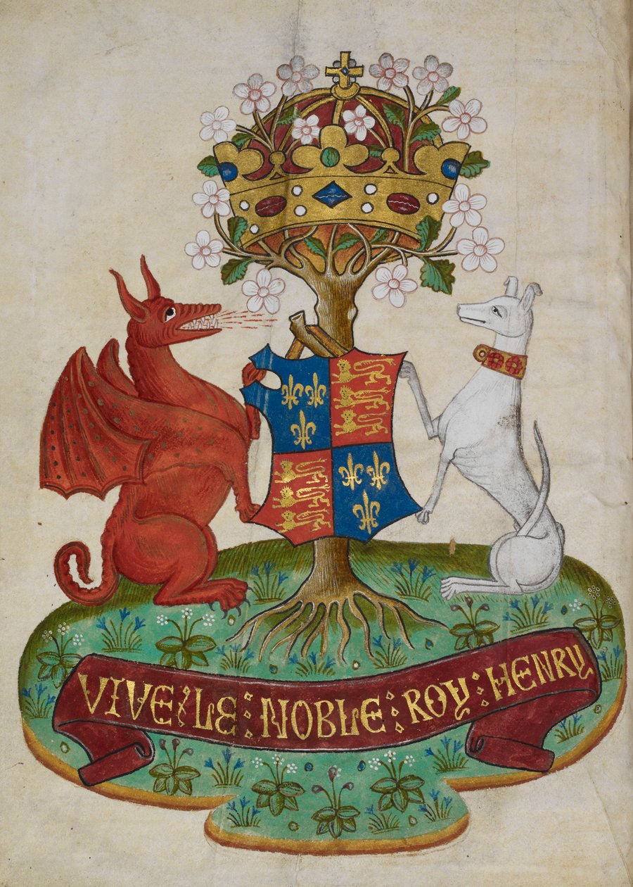 VII. Henrik Anglia királyi karja, amelyet egy fehér agár és egy vörös sárkány támogat alkotó: Unknown artist